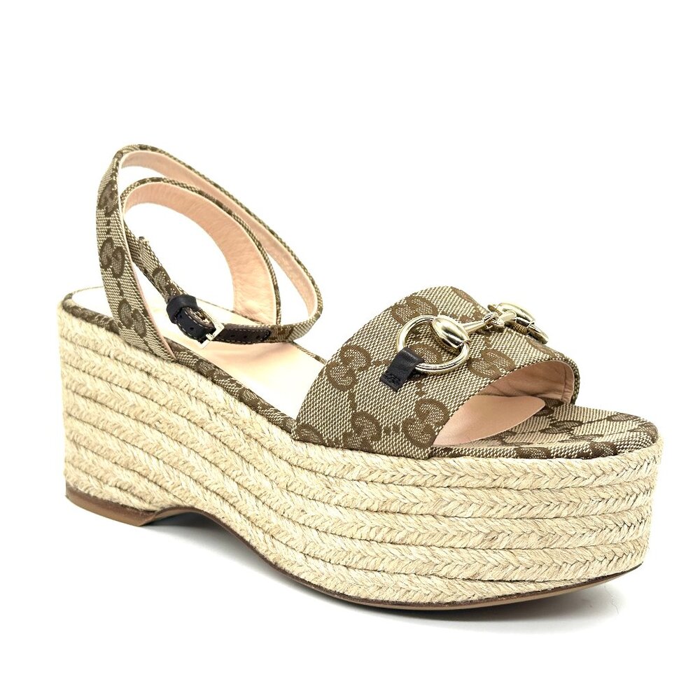 Gucci Horsebit GG Supreme Platform Espadrille Wedge Heel Sandals Shoes - Picture 11 of 16